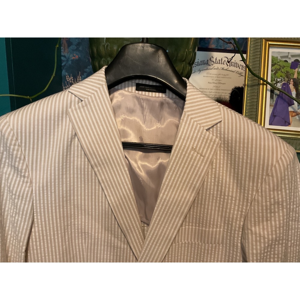 John Varvatos USA Varick Sportcoat Tan White Seersucker Stripe Blazer 42R NEW